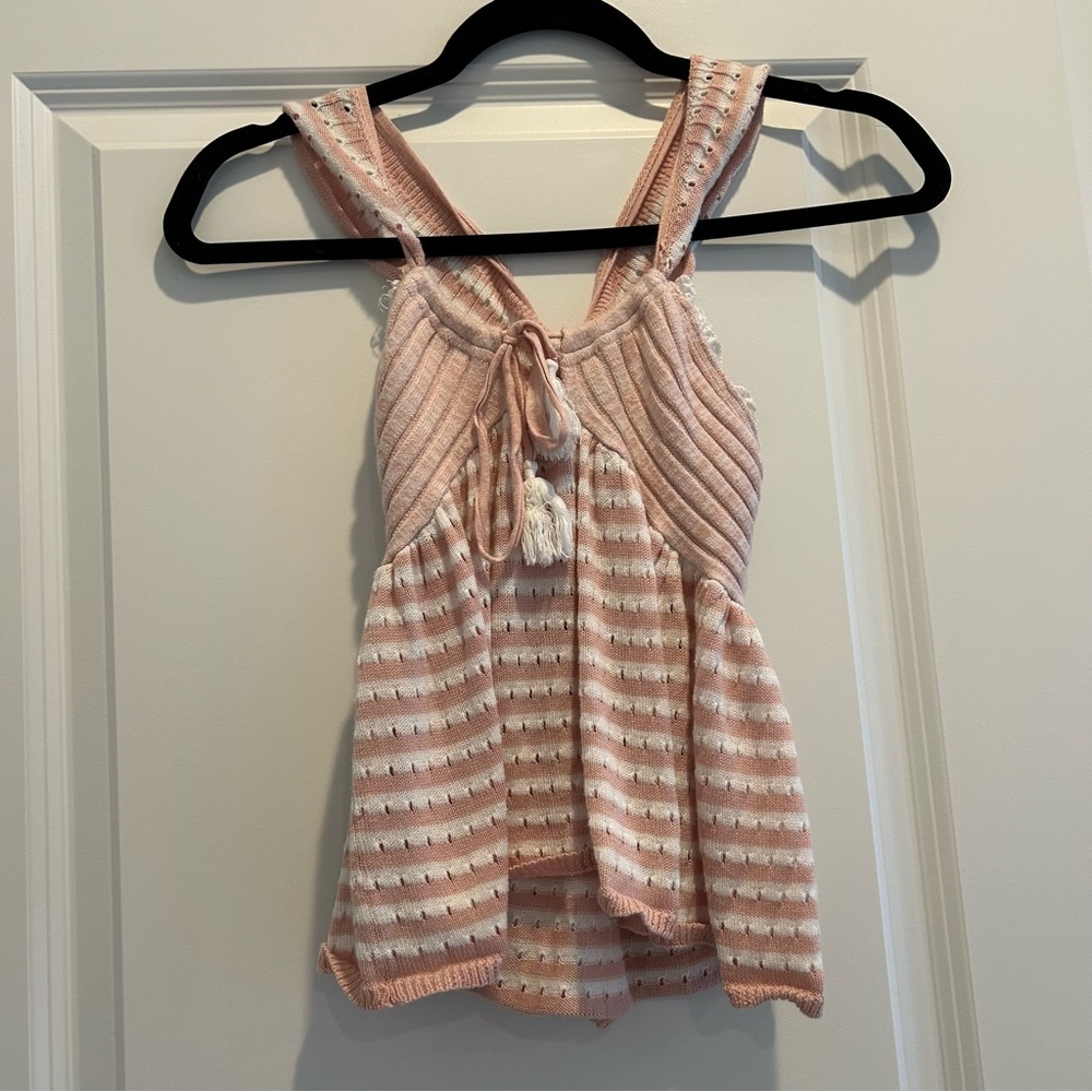Free People Pink and White Knit Crochet Tank Top